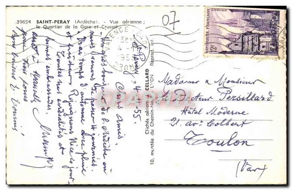 Saint-Peray (Ardèche) — Luftansicht des Bahnhofsviertels und des Schlosses auf dem Hügel — Clichés du Chemin de fer Lyon - Rückseite