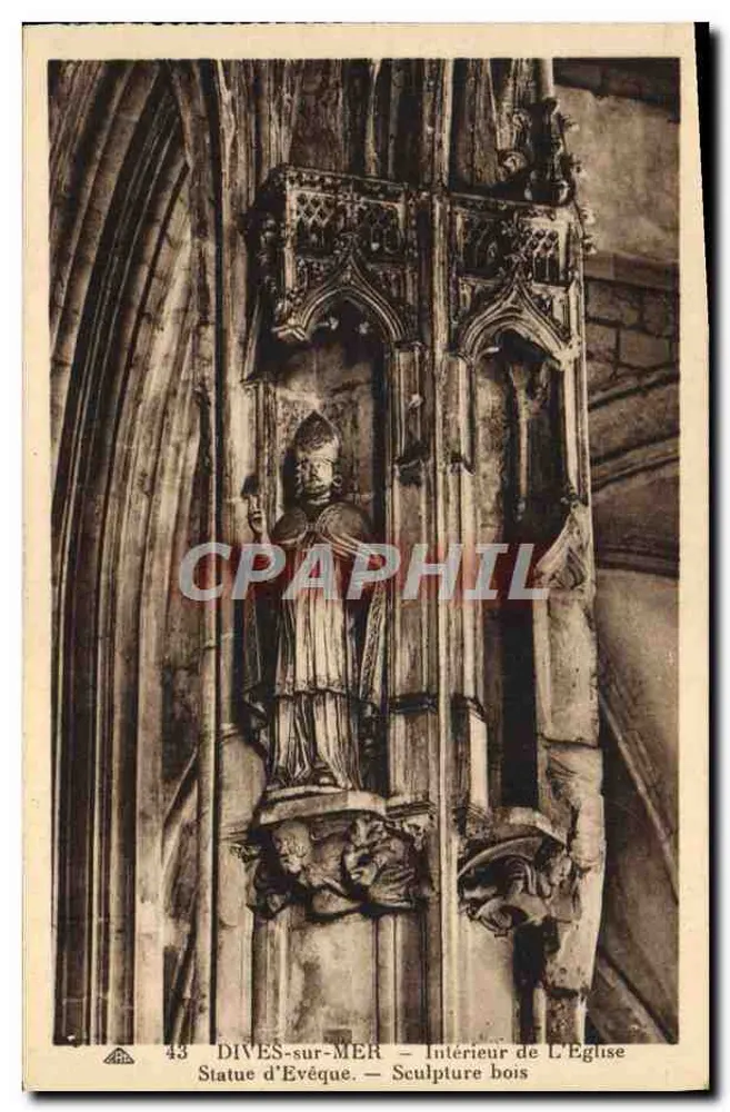 Dives-sur-Mer — Interior de la Iglesia — Estatua de Obispo — Escultura de madera - Anverso