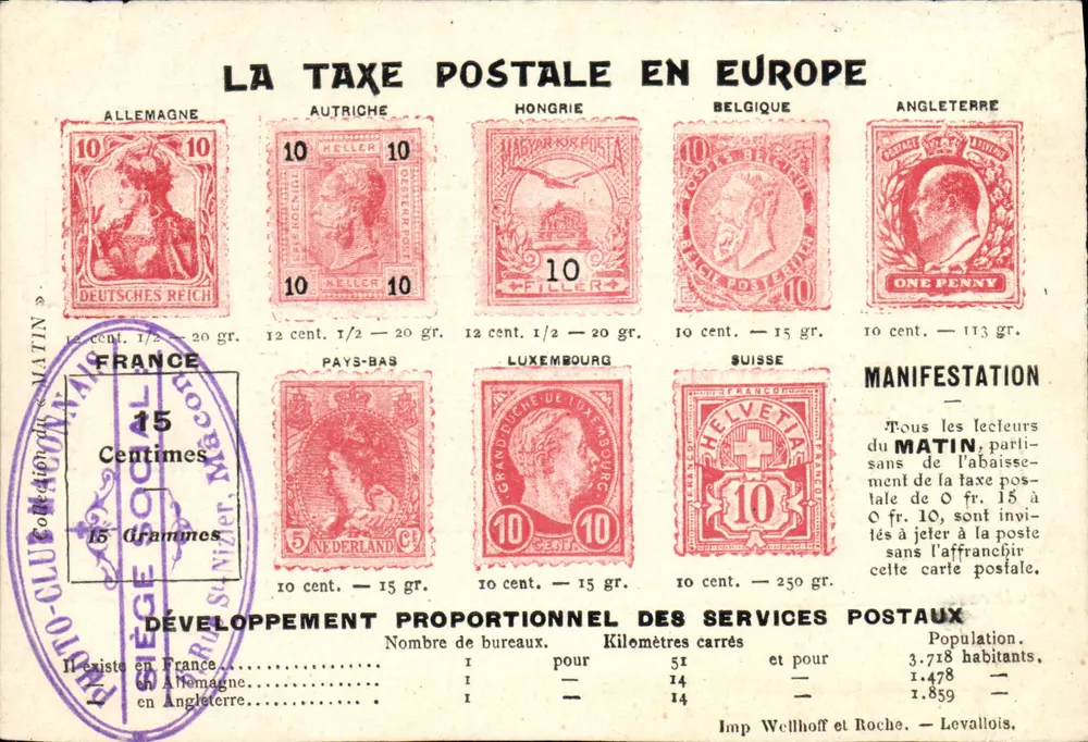 La taxe postale en Europe — comparaison des timbres et développement postal — éditeur Imp. Wellhoff et Roche, Levallois - Vorderseite