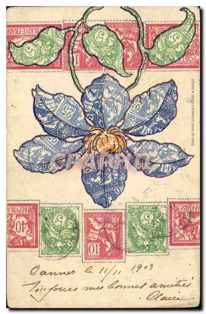 Fleur stylisée — composition artistique avec timbres français — éditeur : LANGE & FERRENTIN, CHAMONIX - Frente