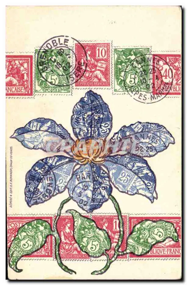 Fleur stylisée — composition de timbres français — éditeur BÉRÉSE & CIE, DÉPARTEMENT DES PYRÉNÉES-ORIENTALES - Vorderseite