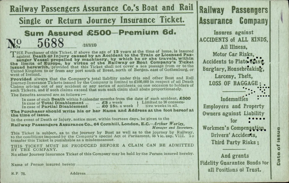 Ticket d'assurance voyageur — Railway Passengers Assurance Company — N° 5688 - Recto