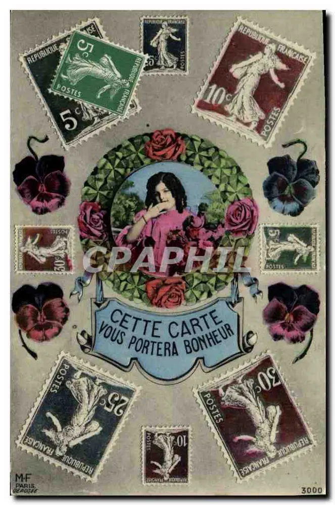 Carta postal decorativa com selos — M.F. PARIS DÉPOSÉE — n°3000 - Frente