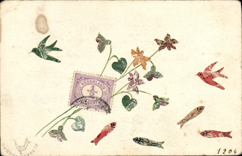 Ansichtskarte mit Dekoration — Motive von Vögeln, Fischen und Blumen — Verlag 'CANDYER-PROBLER' Nr. 1204 - Vorderseite
