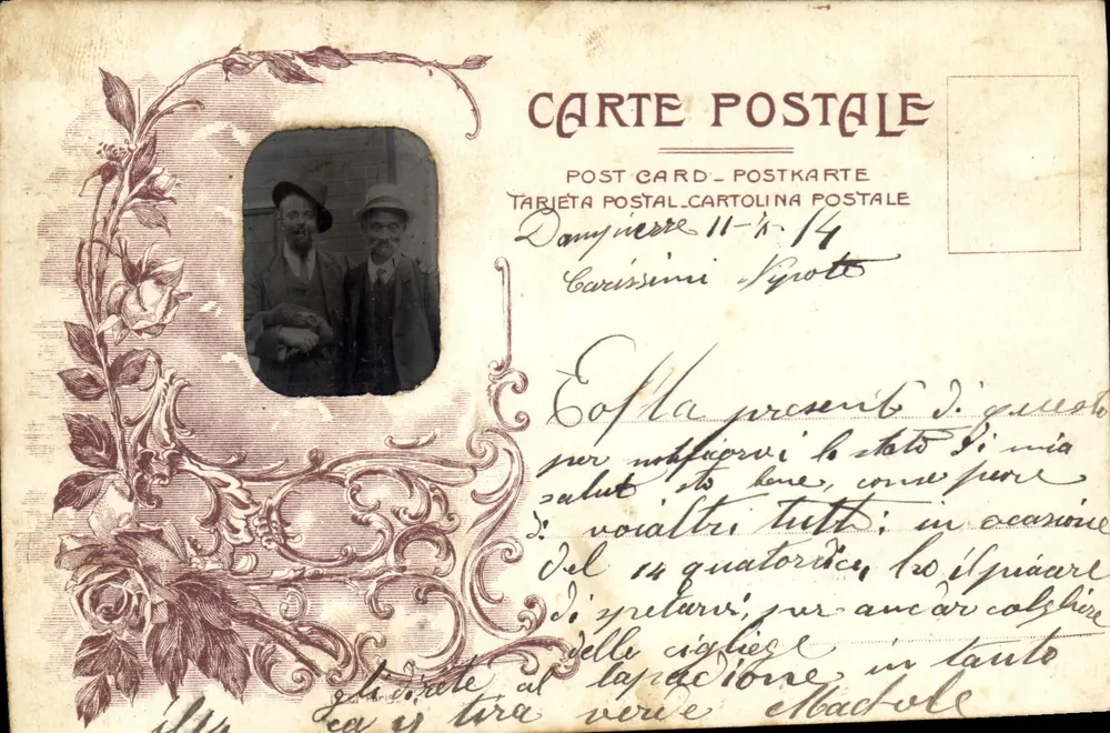 Dois homens — foto em medalhão — Danjouère, 11-1-14 — Carte postale multilingue - Frente