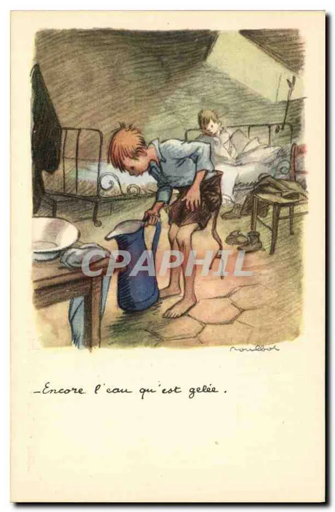Kind, das in einem Zimmer wäscht — Winter-Szene — Verlag: Roullier - Vorderseite