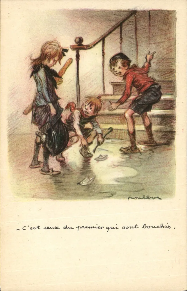 Kinder spielen mit einem Papierboot — Illustration von Poulèvre — Nationale Liga gegen Slums - Vorderseite