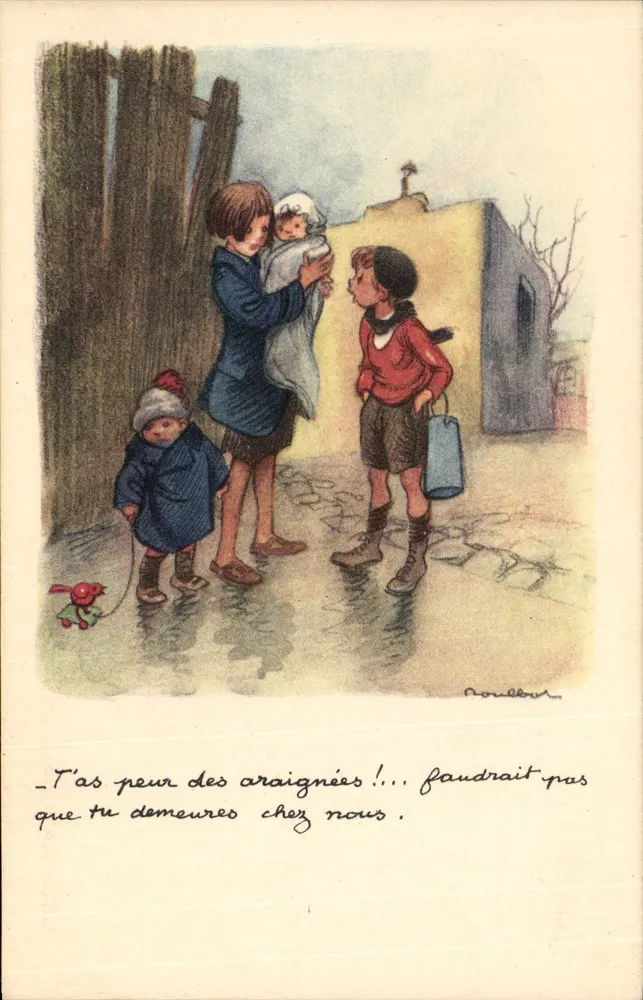 Kinder und Spinnen — humoristische Illustration — Nationale Liga gegen Slums - Vorderseite