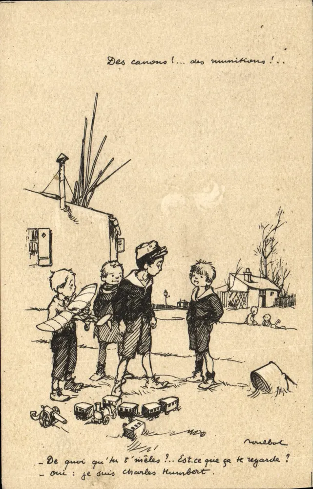 Kinder, die mit militärischen Spielzeugen spielen — Zeichnung von Norébou — Verlag Poulbot, Nr. 14 - Vorderseite