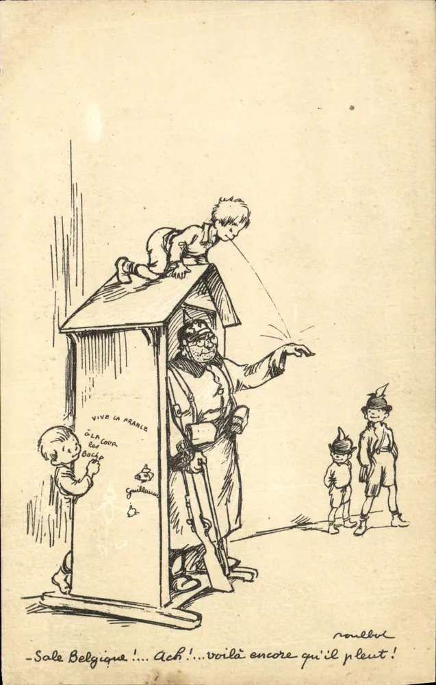 Belgischer Saal!... Ach!... Da kommt es wieder, es regnet! — anti-belgische Karikatur — Verlag Poulbot n°12 - Vorderseite