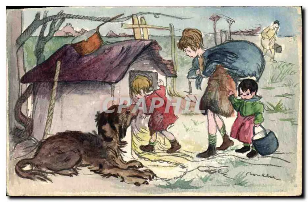 Familie und Hund vor einer Hütte — Französische Nationalhilfstag — Verlag Devambez, Paris - Vorderseite