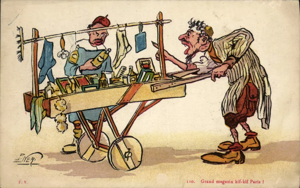Großhandel kif-kif Paris! — Karikatur eines Straßenhändlers — F. V., Nr. 110 - Vorderseite