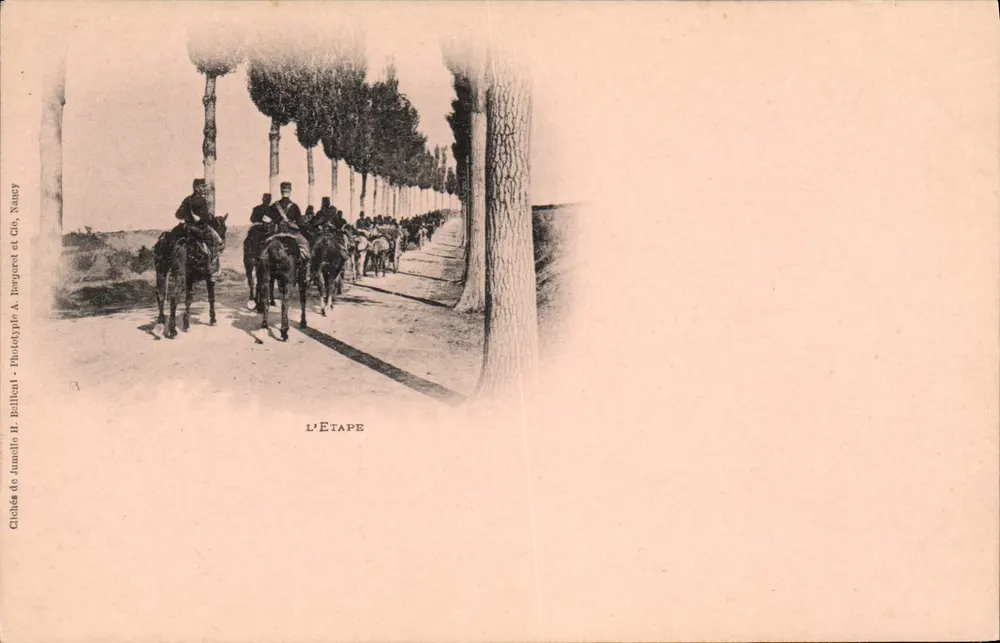 L'Étape — Vista de cavaleiros em uma avenida arborizada — Clichés de Lumillo H. Billient, Nancy - Frente