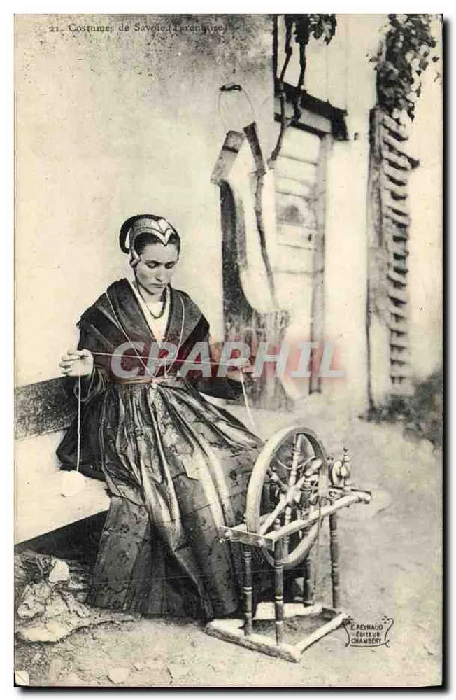 Mulher vestindo traje de Savoie tecendo à huppe — E. Reynaud, Chambéry, n°21 - Frente