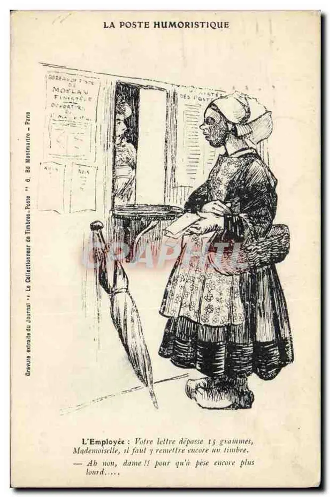 Posto humorístico — Funcionária postal e cliente — Gravura extraída do Jornal "La Poste Humoristique" - Frente