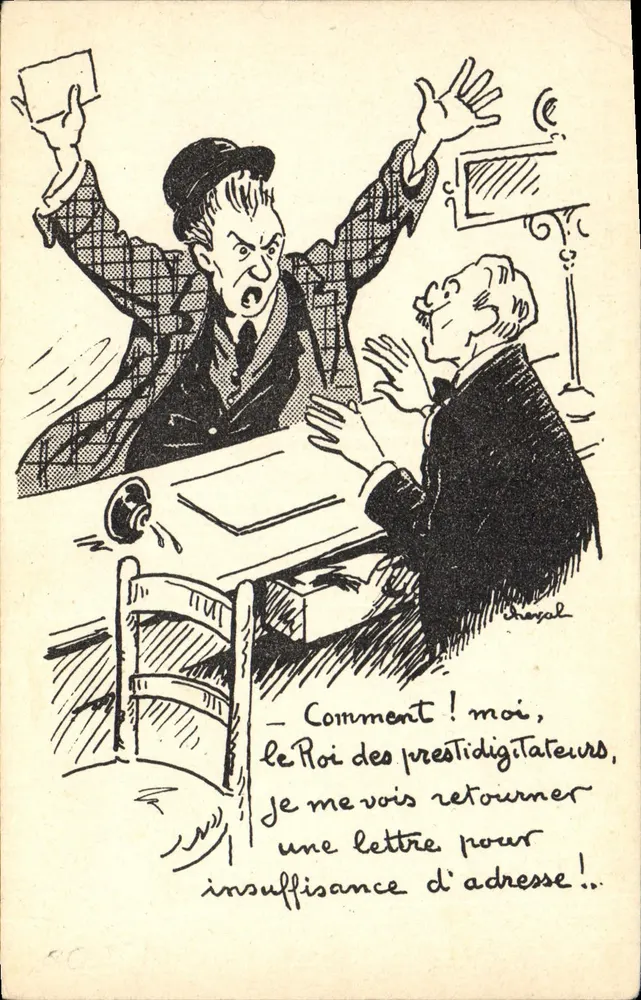 Le Roi des prestidigitateurs — caricature d'un homme en colère recevant une lettre de retour — éditeur Soutien Fraternel des P.T.T. - Frente
