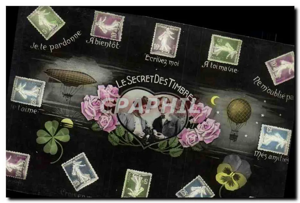 O Segredo dos Selos — coleção de selos franceses com mensagens afetuosas — editor não visível - Frente