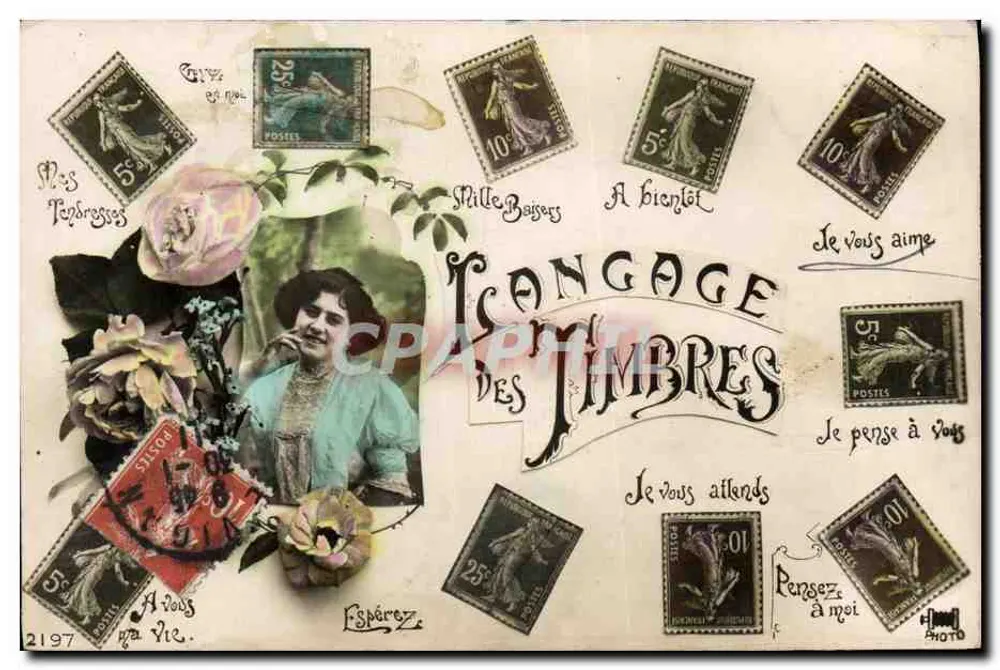 Linguagem dos selos — Carta postal decorativa com selos franceses e texto amoroso — editor PHOTO - Frente