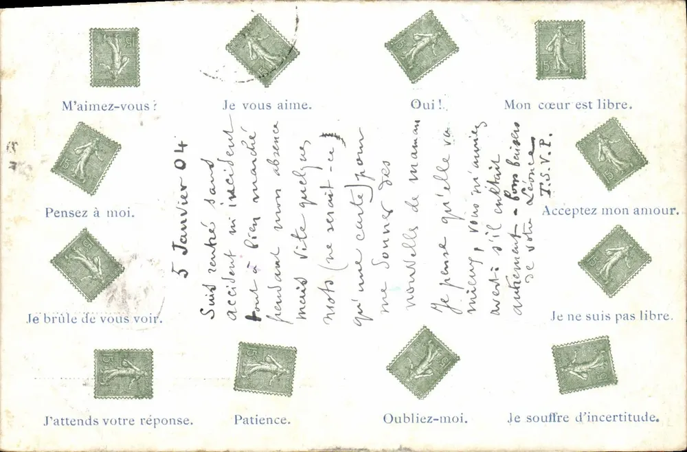 Carta postal sentimental — texto impresso e manuscrito — editor Timothée Jacot, Nanchatël - Frente