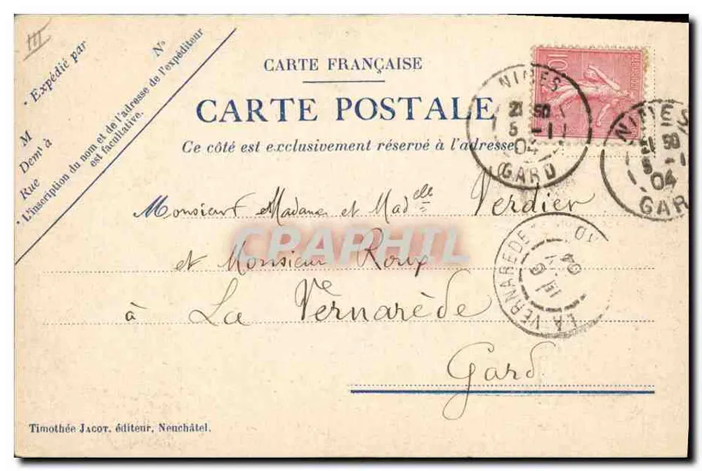 Carta postal sentimental — texto impresso e manuscrito — editor Timothée Jacot, Nanchatël - Verso