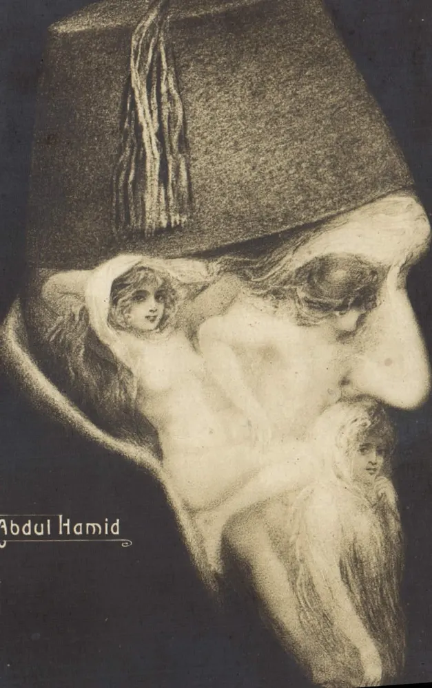 Abdul Hamid — portret in profiel met twee vrouwelijke figuren — onbekende uitgever - Voorkant