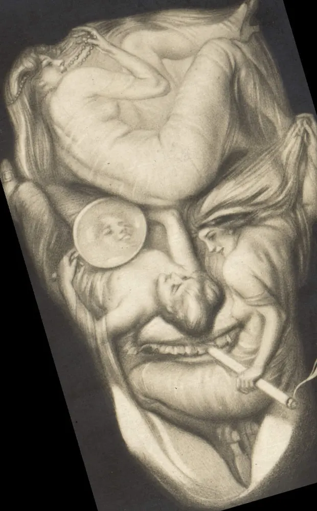 Fantastisch gezicht met vrouwelijke figuren — tekening met potlood — uitgever niet zichtbaar - Voorkant