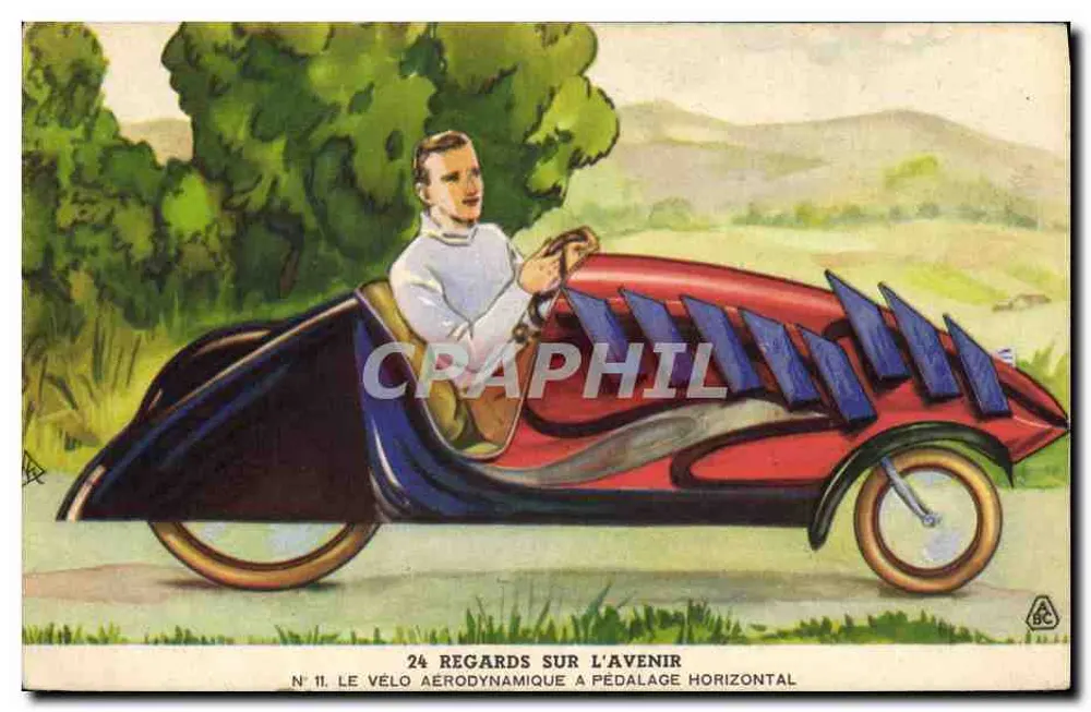 Das aerodynamische Fahrrad mit horizontaler Pedalbewegung — Nr. 11 — Blicke in die Zukunft — Les Ateliers A.B.C., Paris - Vorderseite