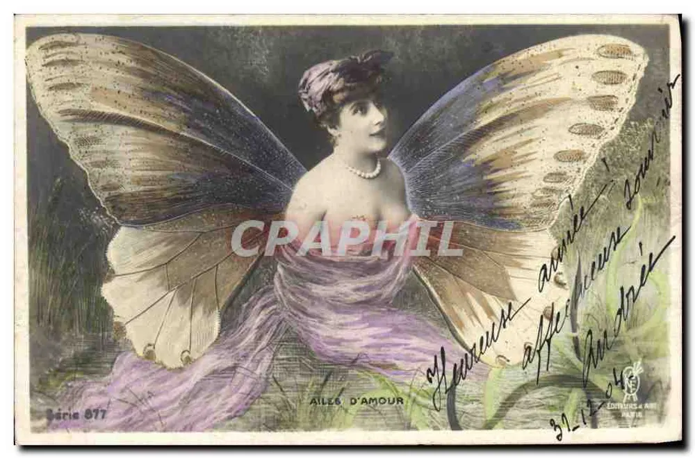 Aile d'Amour — flügelige Frau in violettem Kleid — Éditeurs & Art, Paris, Serie 877 - Vorderseite