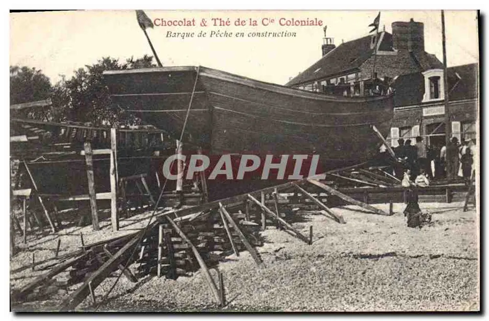 Barque de Pêche en construction — Chocolat & Thé de la Cie Coloniale — Debourg, n° 40 - Recto