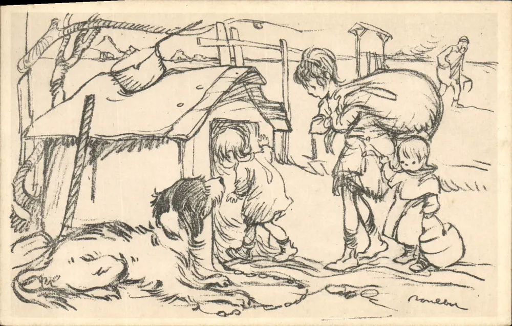 Familie in einem Dorf — Szene des täglichen Lebens — Zeichnung von P. Norelbur - Vorderseite