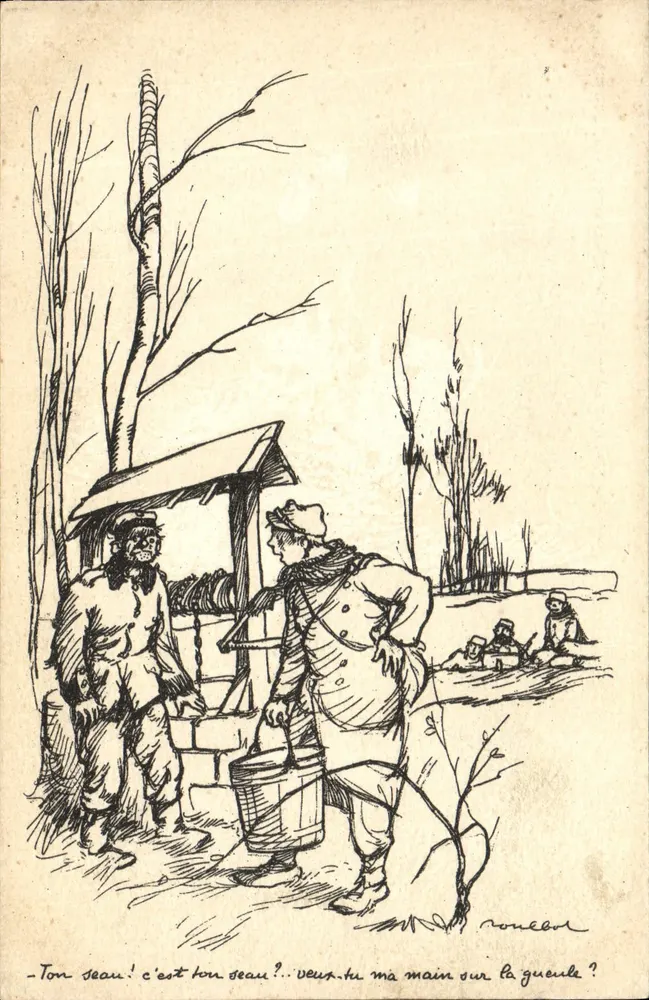 Winterdorf-Szene — Karikatur eines Soldaten und Bauern — Poulbot n°49 - Vorderseite