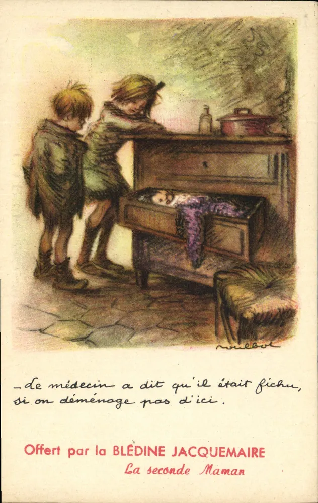 Kinder, die ein Kind in einem Kasten ansehen — Zeichnung von NICCOOT — Angeboten von der BLÈDINE JACQUEMAIRE, Die Zweite Mutter - Vorderseite