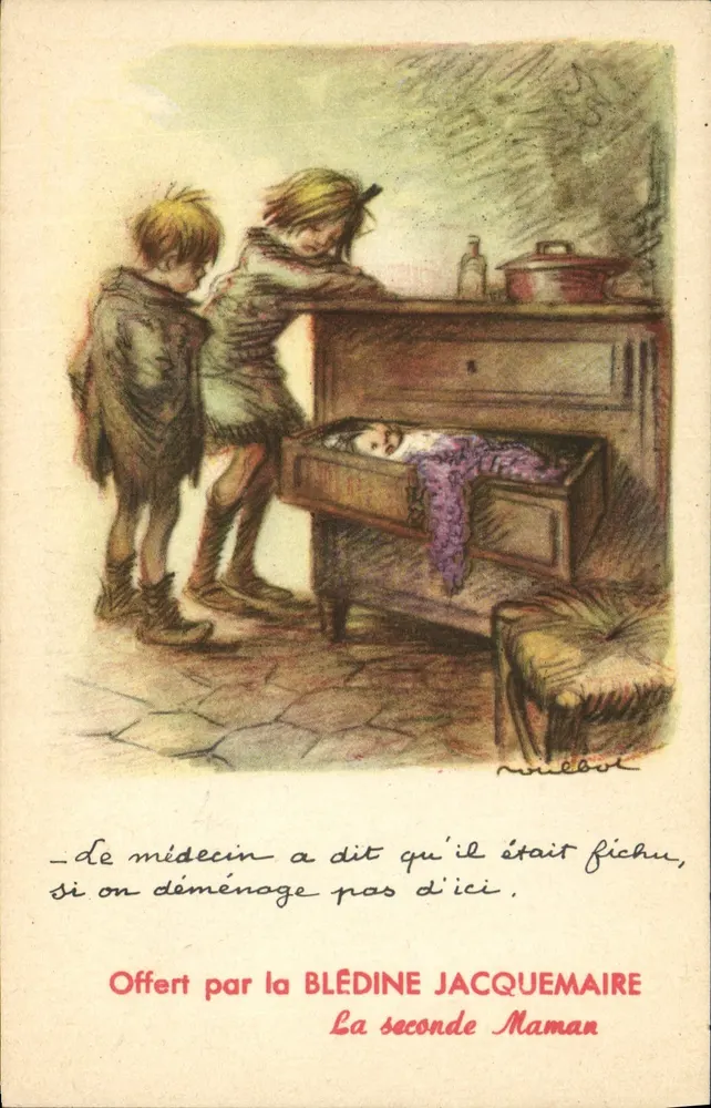 Kinder, die ein Baby in einem Schrankfach beobachten — Zeichnung von M. Nulbot — Geschenkt von La Blédine Jacquemaire, Die zweite Mutter - Vorderseite