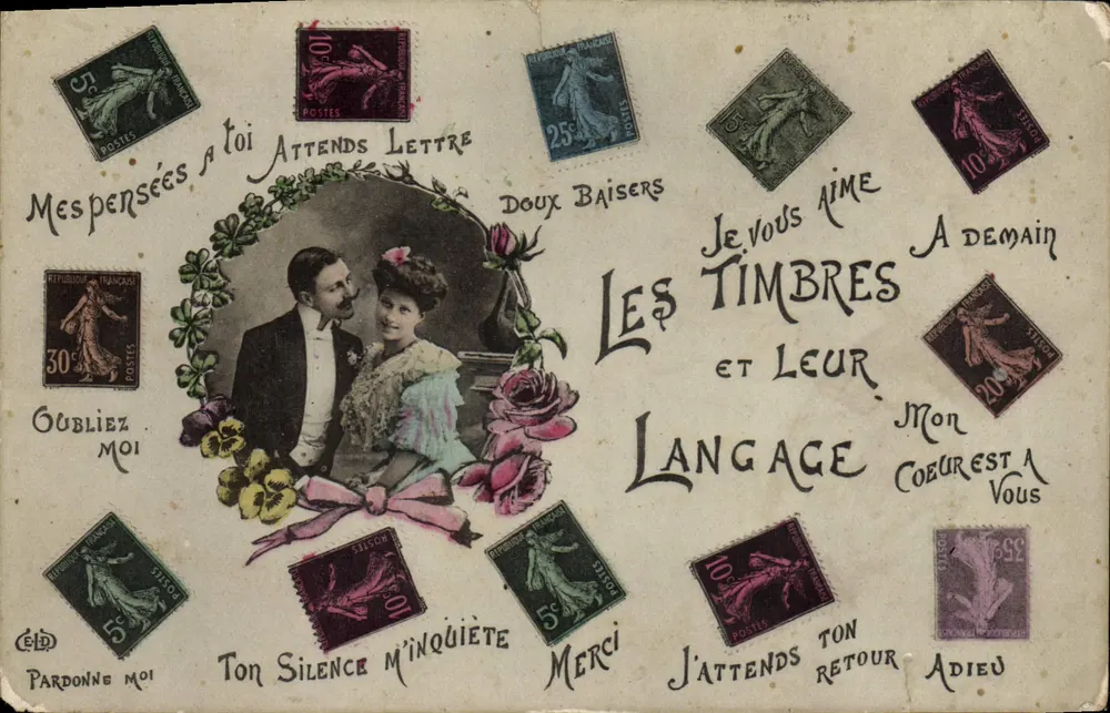 Les timbres et leur langage — carte illustrée avec couple et timbres français - Frente