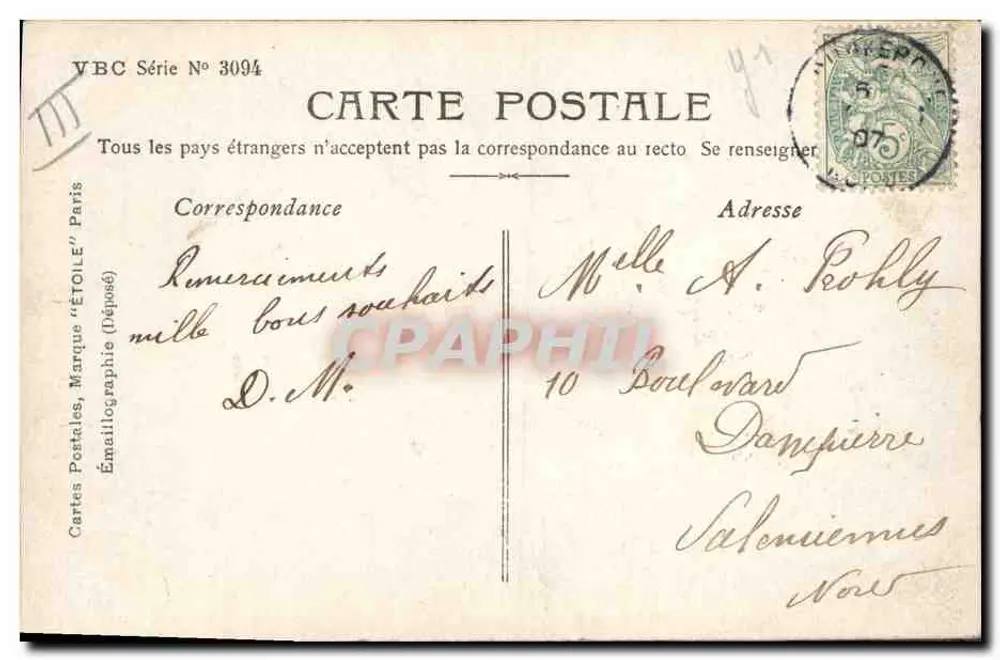Mulher em uniforme de telegrafista — Desejos sinceros 1907 — Le Normand Phot. - Verso
