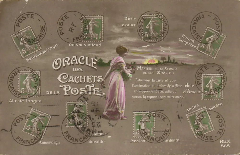 Oracle des cachets poste — femme en robe rose devant un coucher de soleil — éditeur REX 565 - Frente