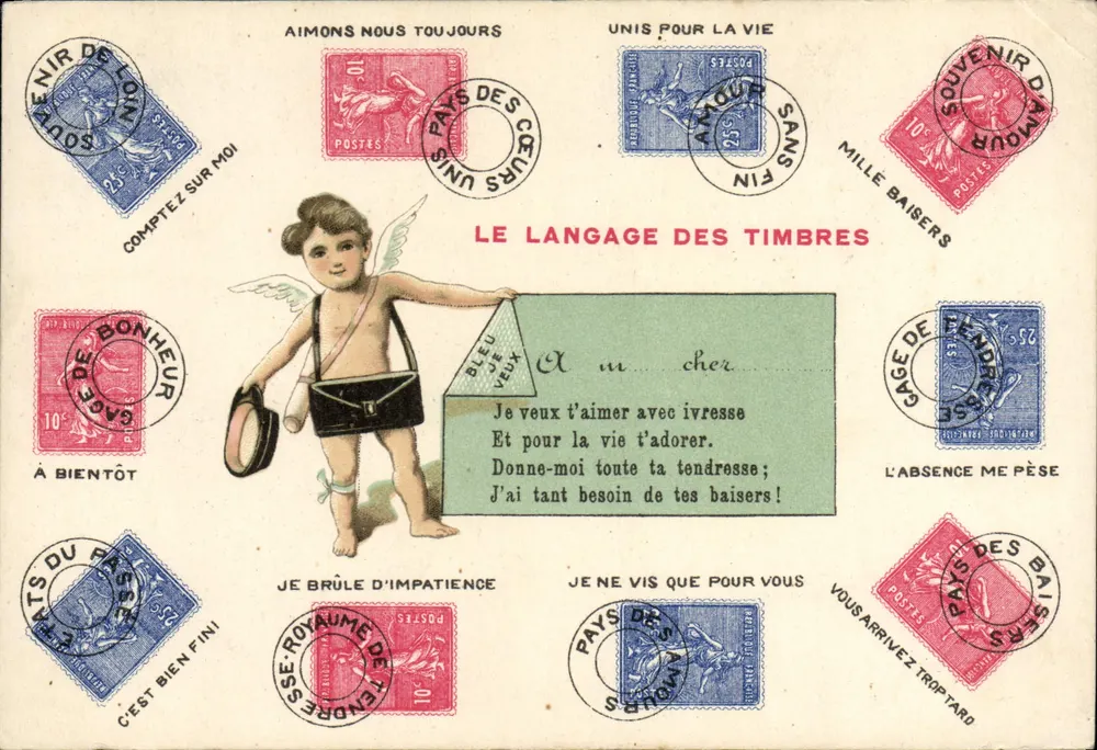 Enfant ailé tenant un sac à lettres — Le langage des timbres, éditeur J. Brian Brunelet, n° de série non visible - Vorderseite