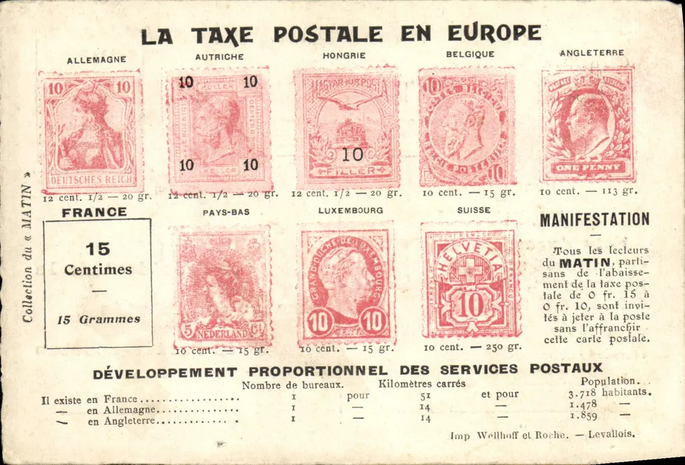 La taxe postale en Europe — comparaison des tarifs — éditeur Imp. Wellhoff et Roche, Levallois - Vorderseite