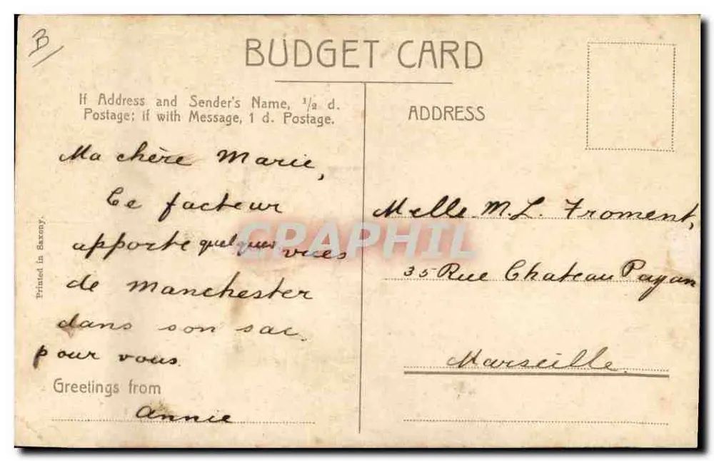 Facteur à Manchester — homme en uniforme tenant une valise avec inscription 'GREETINGS FROM MANCHESTER' — éditeur Budget Card - Verso