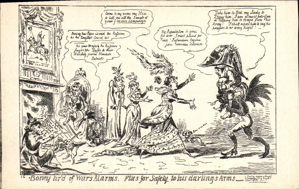 Boney tir'd of Wars Alarms, Flies for Safety to his darling's Arms — caricatura satírica de Napoléon - Frente