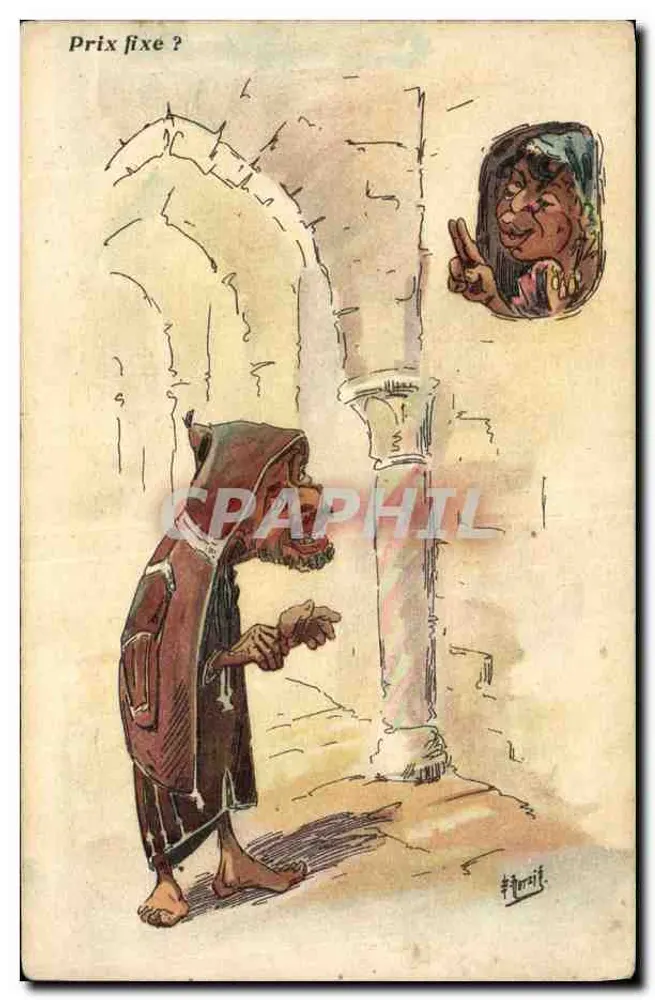Händler in dunkler Robe, der einen festen Preis verlangt — Karikatur — Verleger nicht sichtbar - Vorderseite