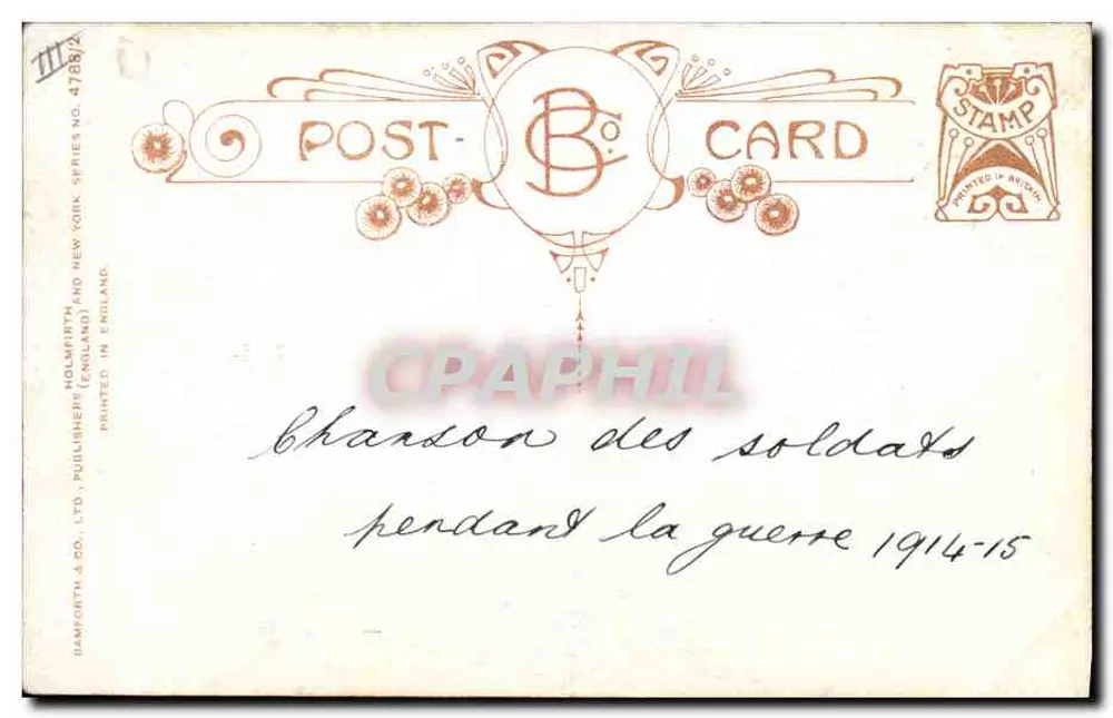 Soldados no acampamento — Canção dos soldados durante a guerra 1914-15 — Bamforth & Co. Ltd. - Verso