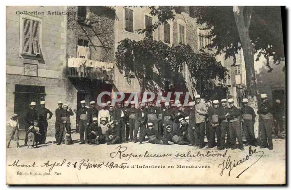 Infanteriegruppe in Manöver — Mont-Agel, 26. Februar 1905 — Giletta-Ausgabe, Foto., Nizza - Vorderseite