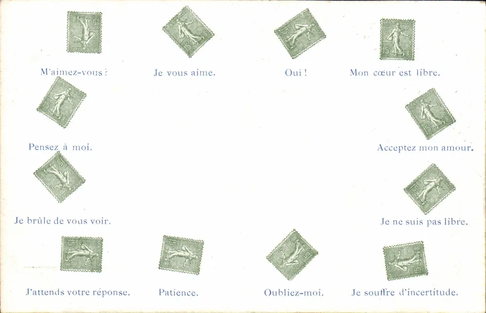 Carta postal de amor — jogo de selos e frases — Théodore Jacot, Neuchâtel - Frente