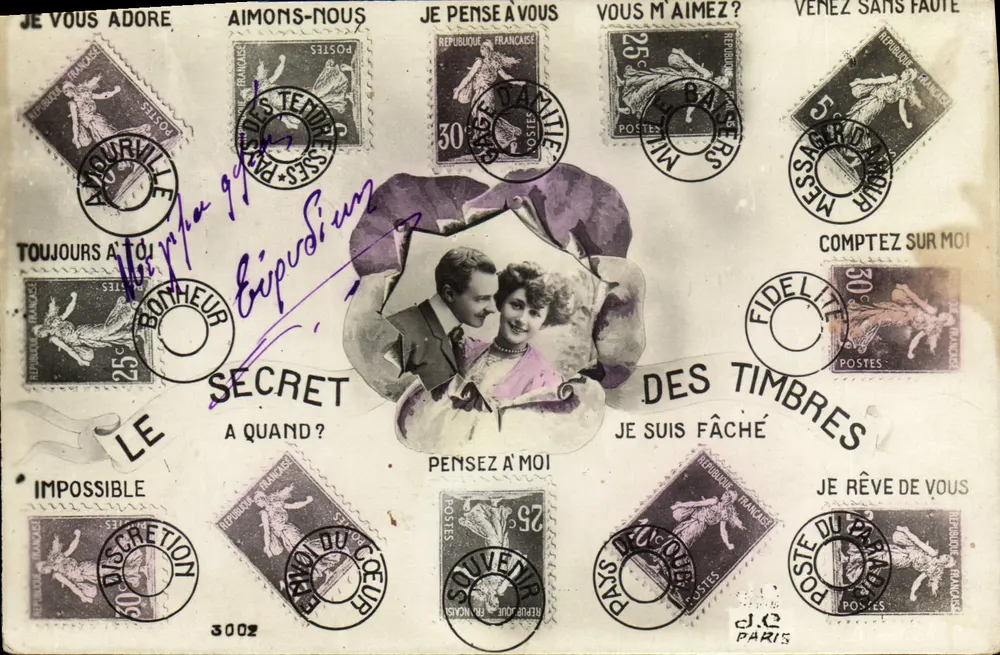 Tarjeta postal sentimental con sellos y marcas de correo — editor desconocido, número de serie no visible - Anverso