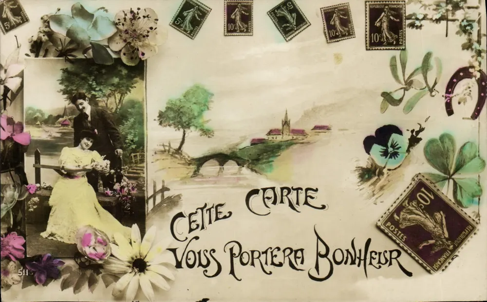 Casais na natureza — decoração floral e selos — editor desconhecido, número de série 511 - Frente