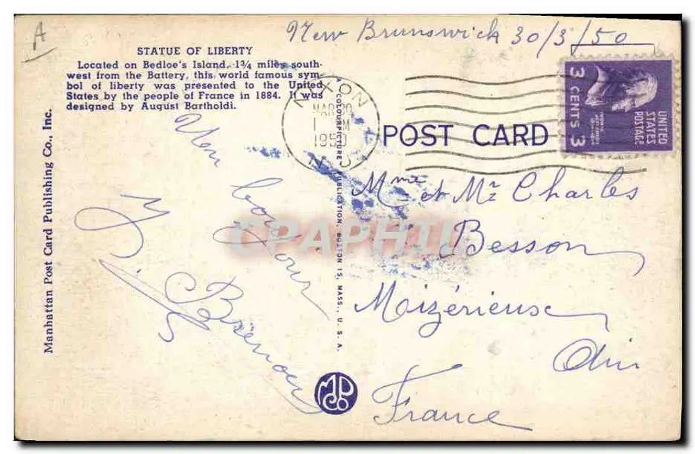 Statue of Liberty — New York Harbor — Manhattan Post Card Publishing Co. Inc. n°14805 - Rückseite