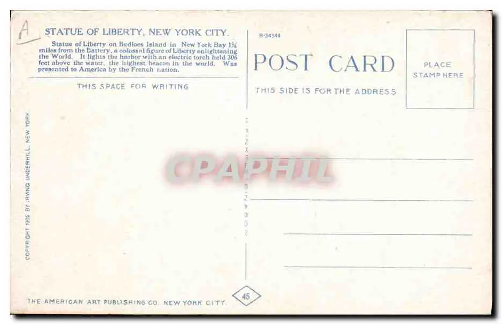 Statue of Liberty — New York City — The American Art Publishing Co. n°45 - Rückseite