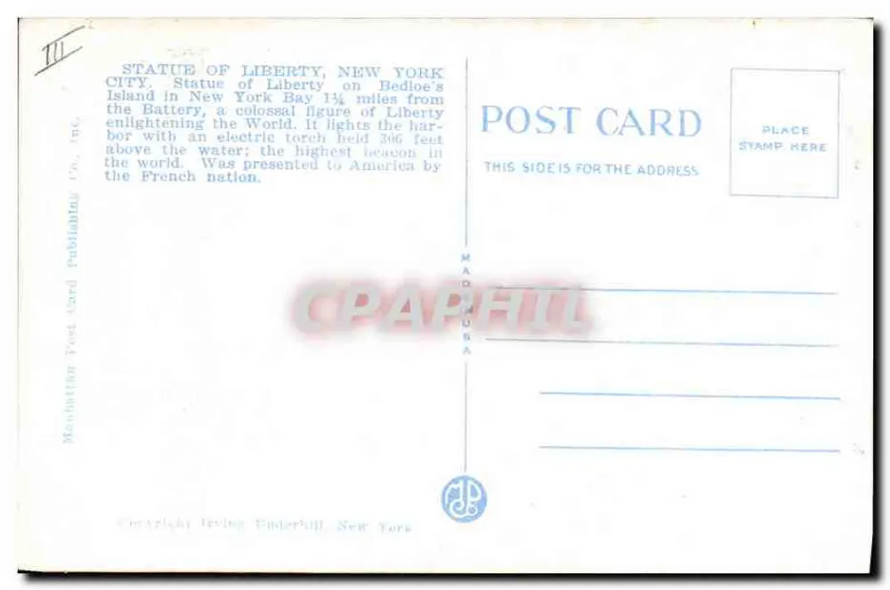 Statue of Liberty, New York — Meditation Post Card Publishing Co. n°25375 - Rückseite