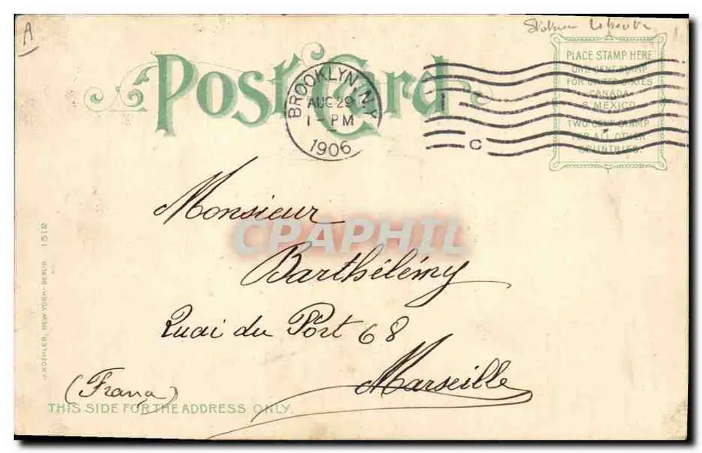 Statue der Freiheit — nächtliche Ansicht mit Schiff — Verleger Postcard Co. Brooklyn, N.Y. - Rückseite